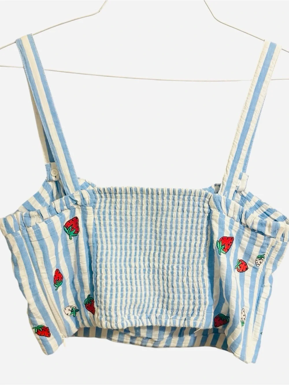 Anthropologie Maeve Blue & White Striped Strawberry Crop Top